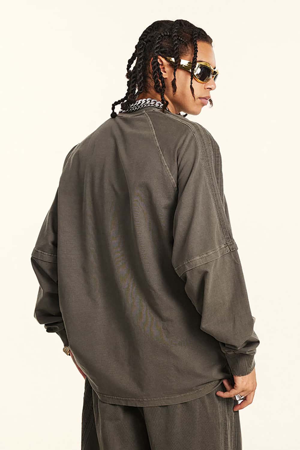 Loose Fit Layered Ribbon Stripe Vintage Wash Long Sleeve Cotton T-Shirt