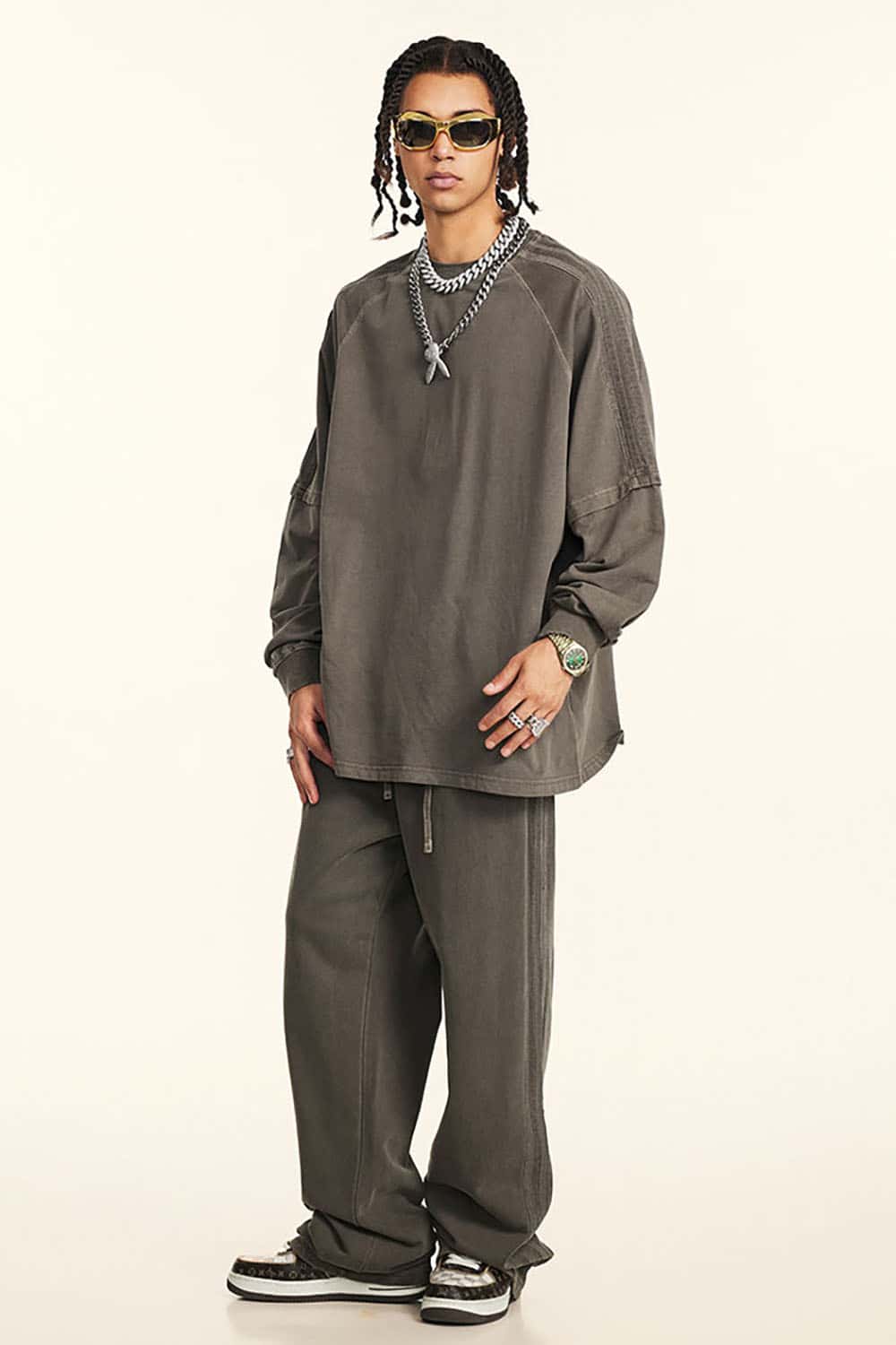 Loose Fit Layered Ribbon Stripe Vintage Wash Long Sleeve Cotton T-Shirt