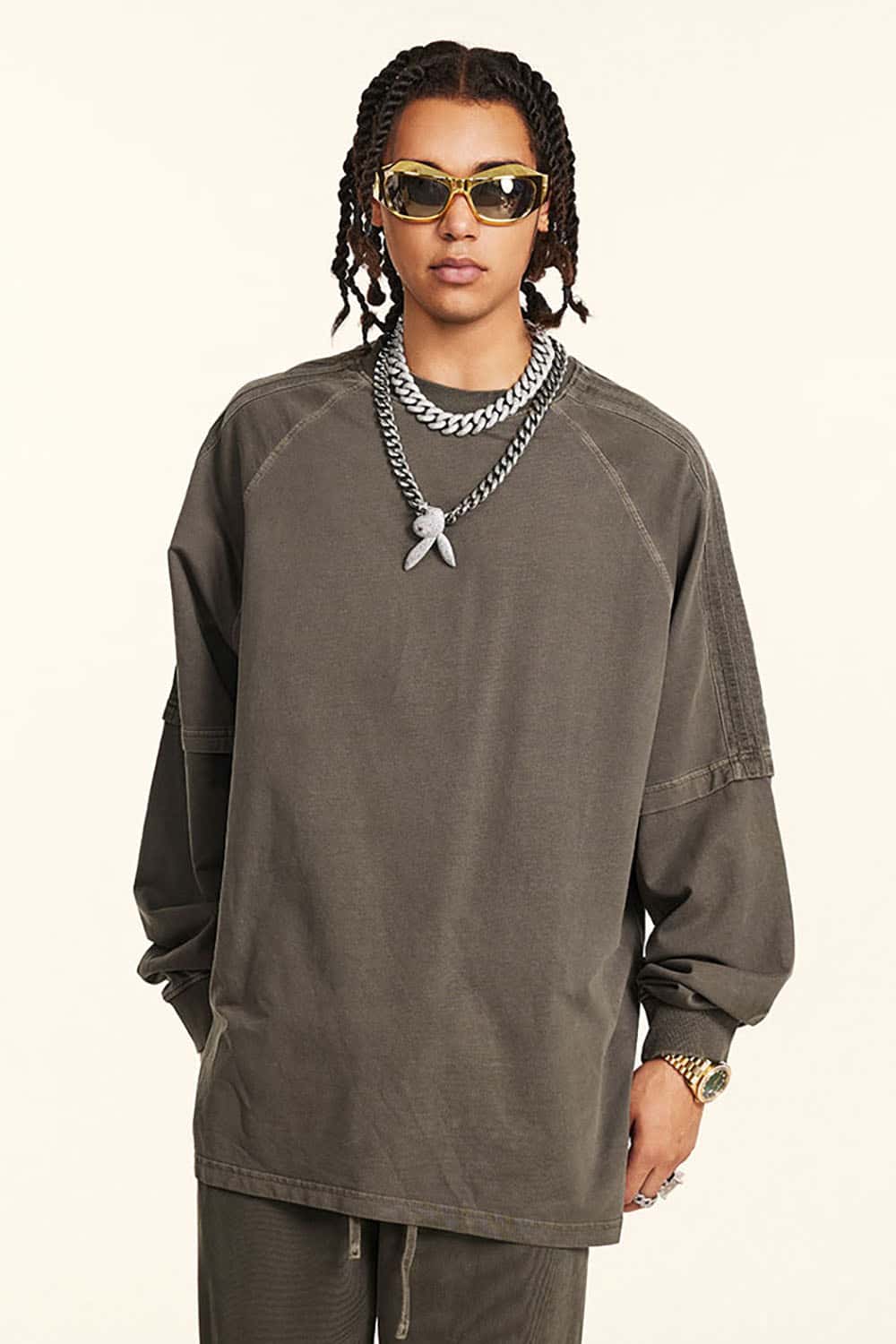 Loose Fit Layered Ribbon Stripe Vintage Wash Long Sleeve Cotton T-Shirt