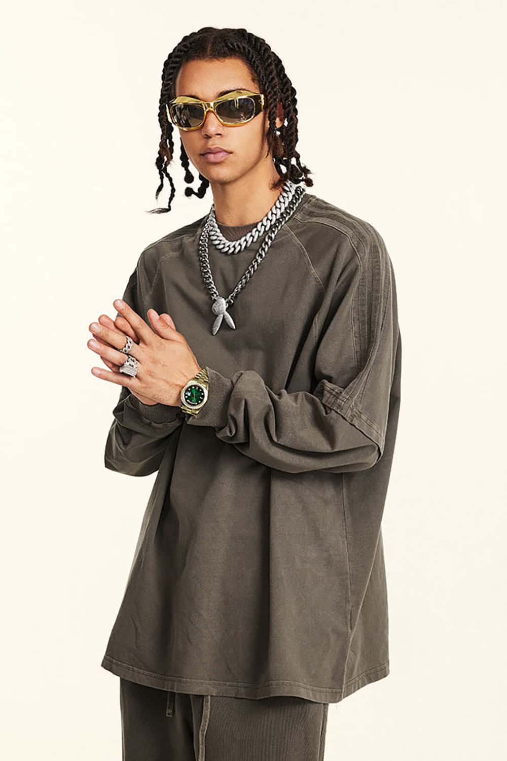 Loose Fit Layered Ribbon Stripe Vintage Wash Long Sleeve Cotton T-Shirt