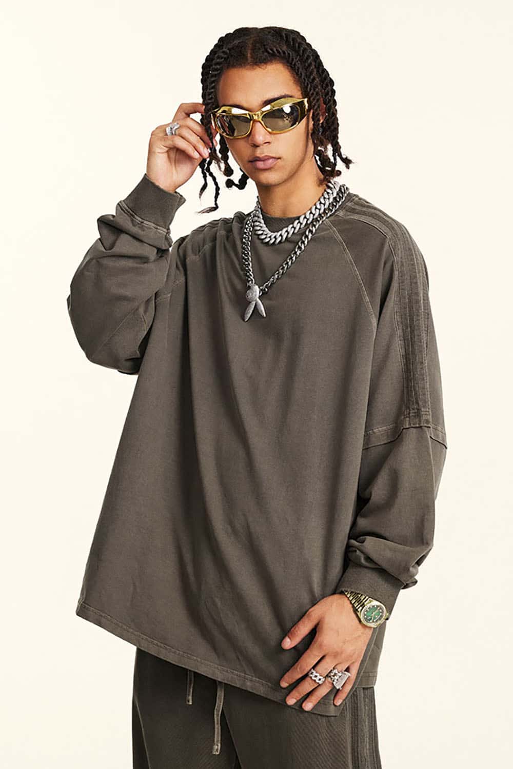 Loose Fit Layered Ribbon Stripe Vintage Wash Long Sleeve Cotton T-Shirt