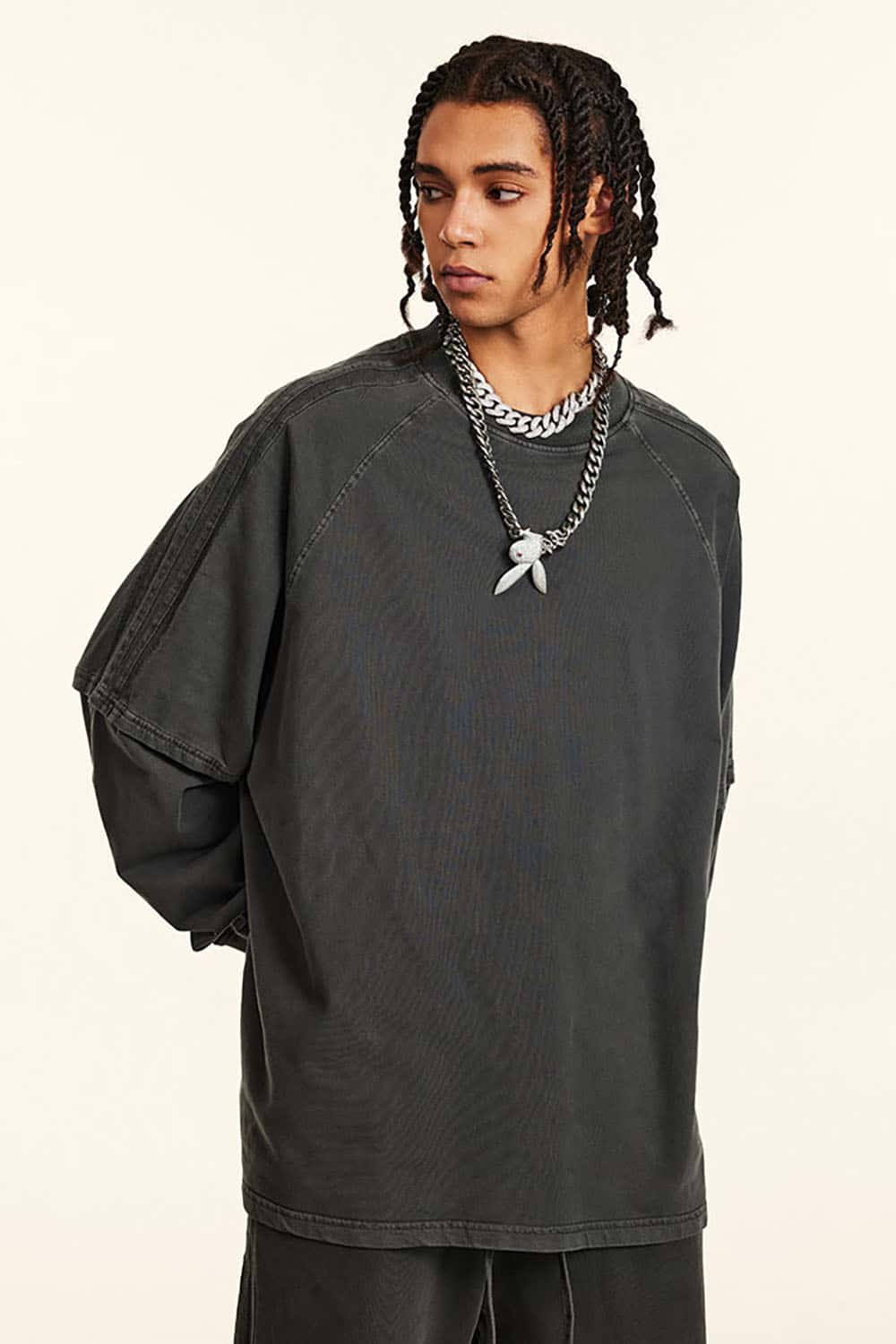 Loose Fit Layered Ribbon Stripe Vintage Wash Long Sleeve Cotton T-Shirt