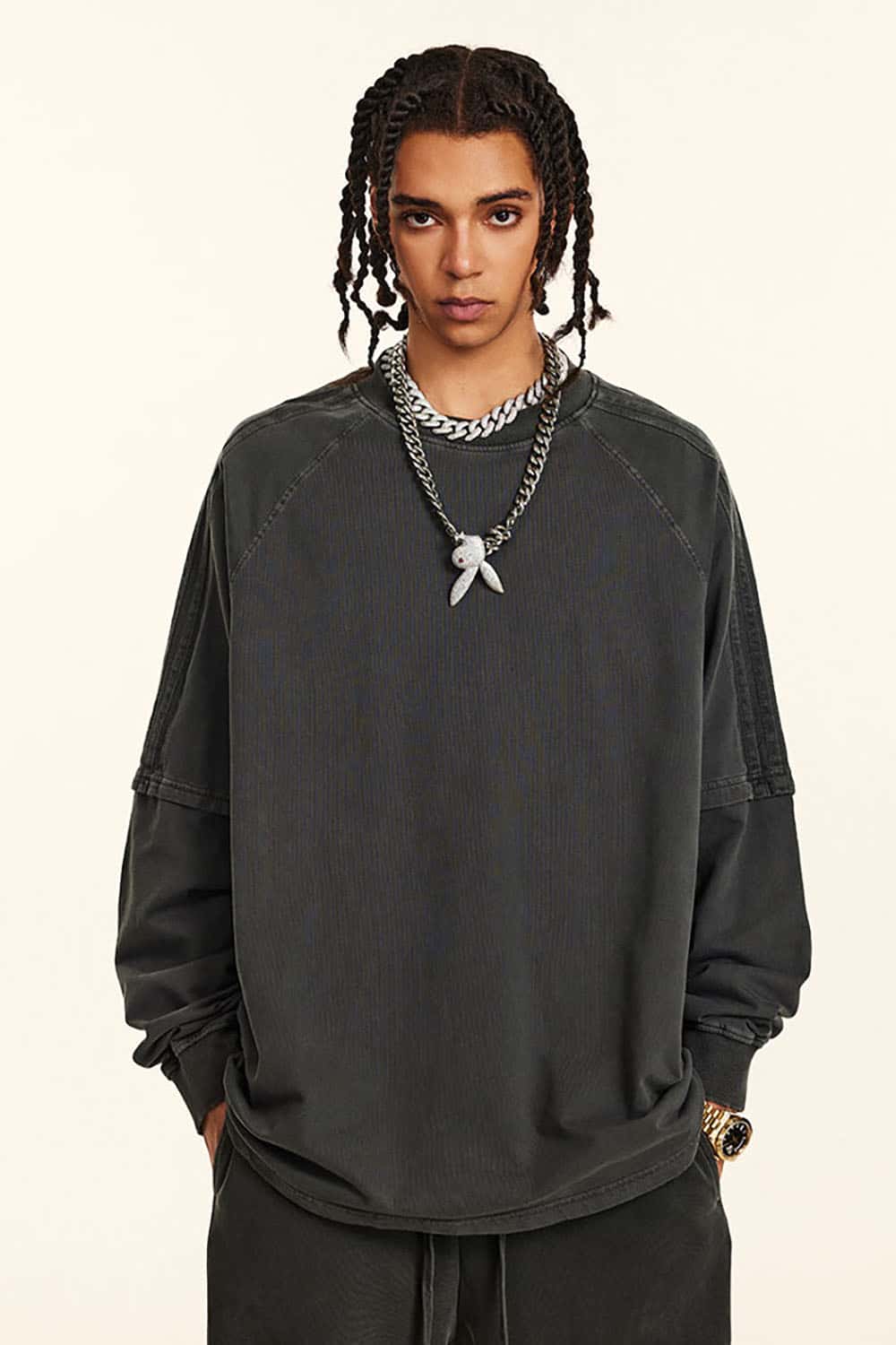 Loose Fit Layered Ribbon Stripe Vintage Wash Long Sleeve Cotton T-Shirt