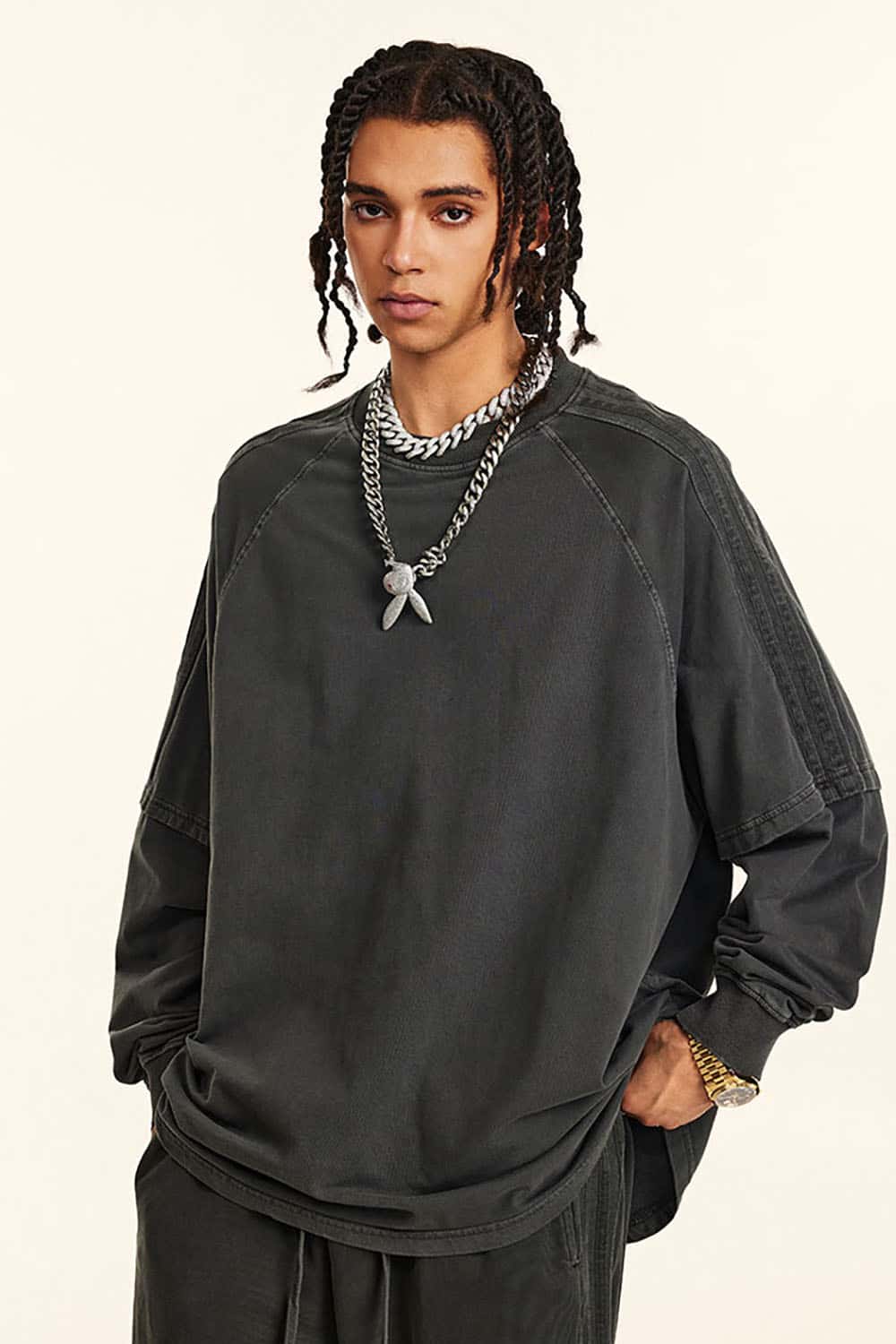 Loose Fit Layered Ribbon Stripe Vintage Wash Long Sleeve Cotton T-Shirt