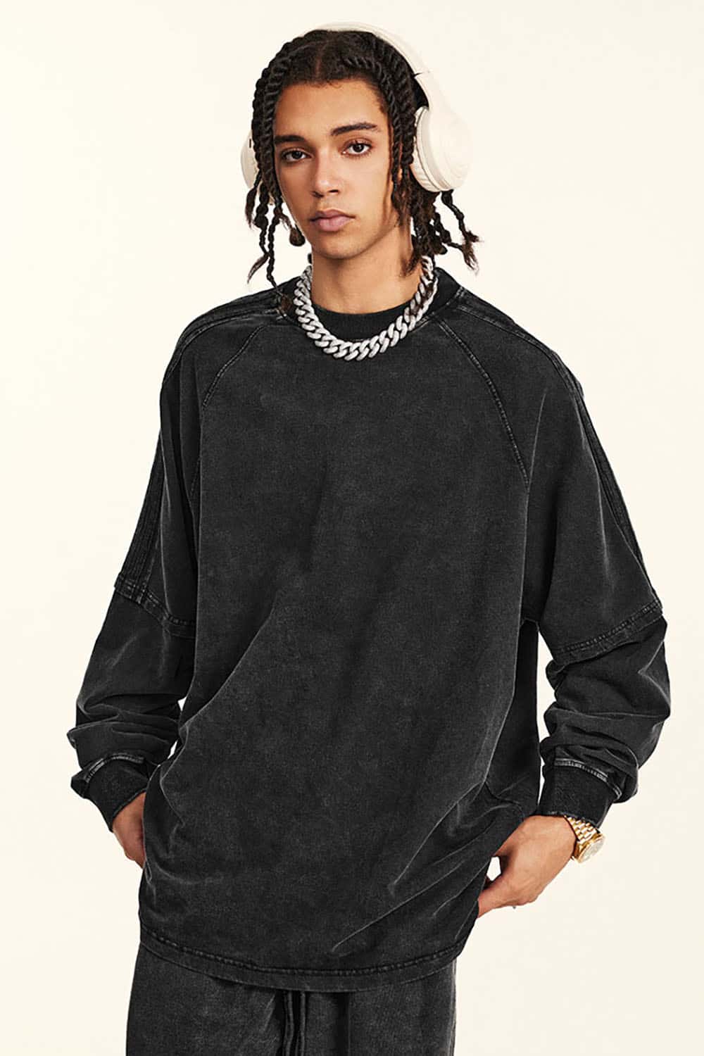 Loose Fit Layered Ribbon Stripe Vintage Wash Long Sleeve Cotton T-Shirt