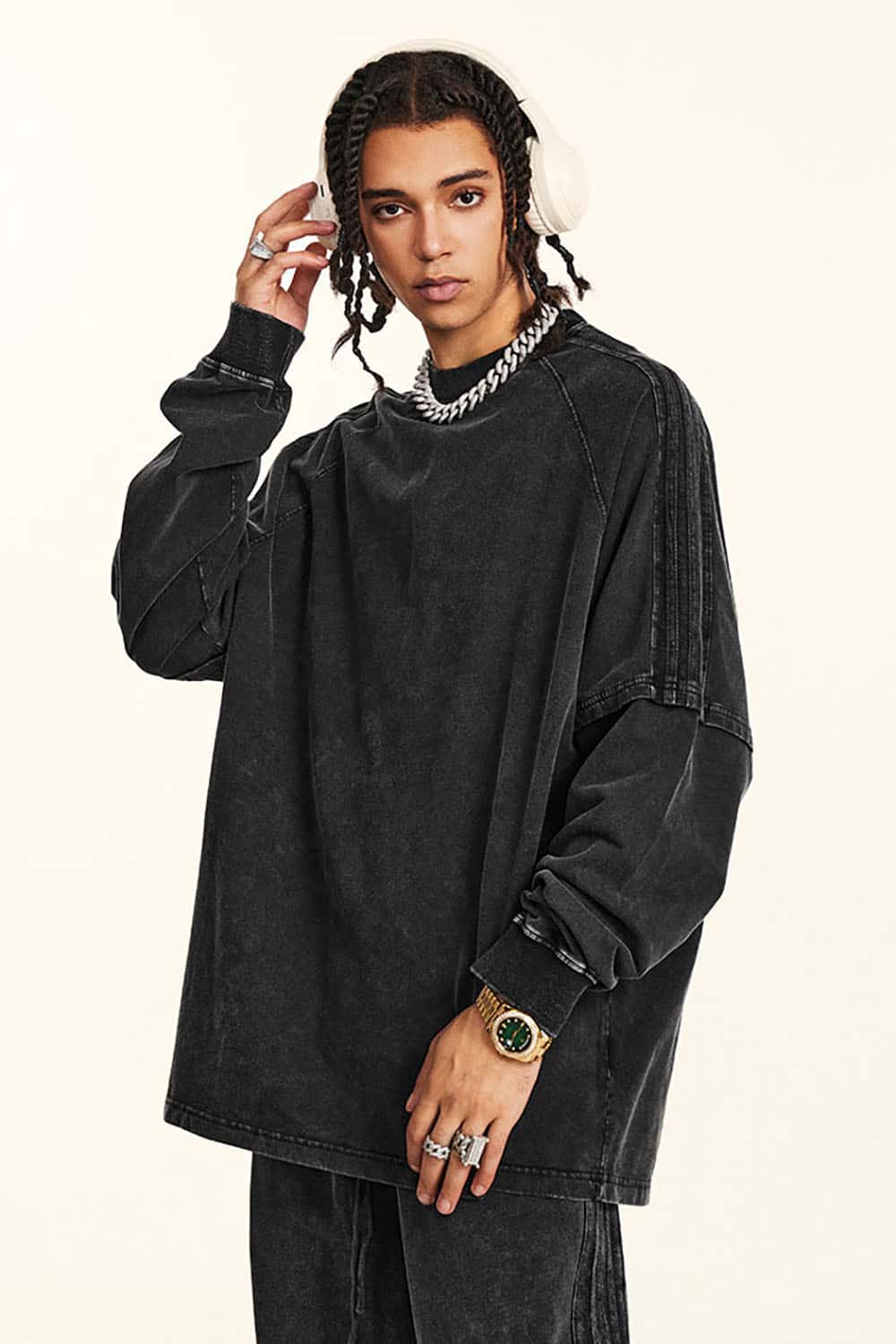 Loose Fit Layered Ribbon Stripe Vintage Wash Long Sleeve Cotton T-Shirt