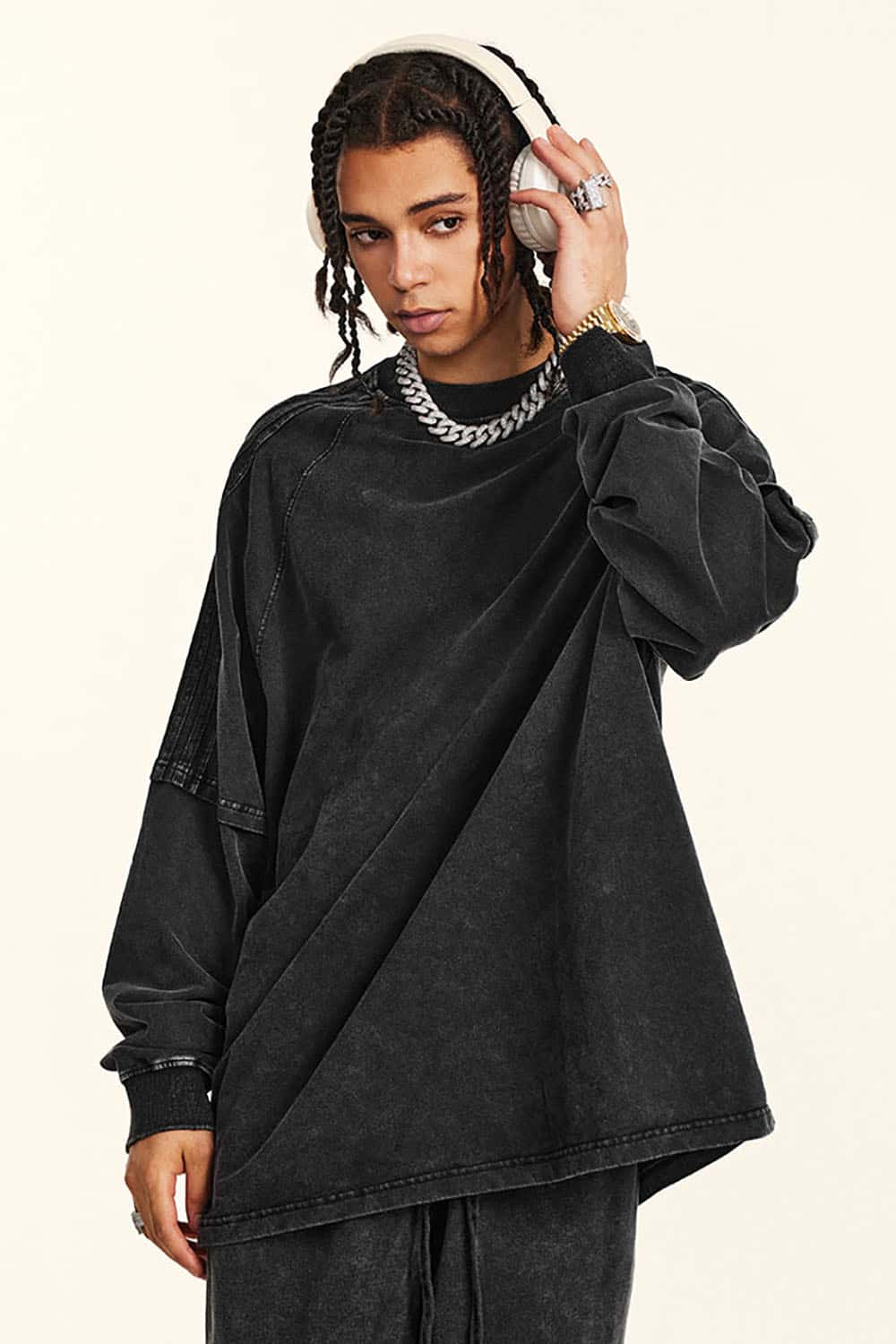 Loose Fit Layered Ribbon Stripe Vintage Wash Long Sleeve Cotton T-Shirt