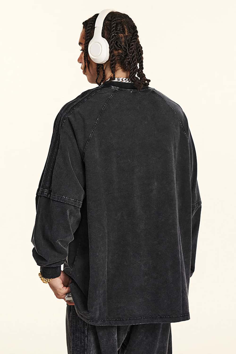 Loose Fit Layered Ribbon Stripe Vintage Wash Long Sleeve Cotton T-Shirt
