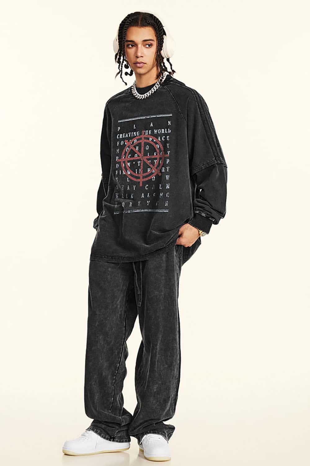 Vintage Street Hip-Hop Contrast Print Loose Long Sleeve T-Shirt