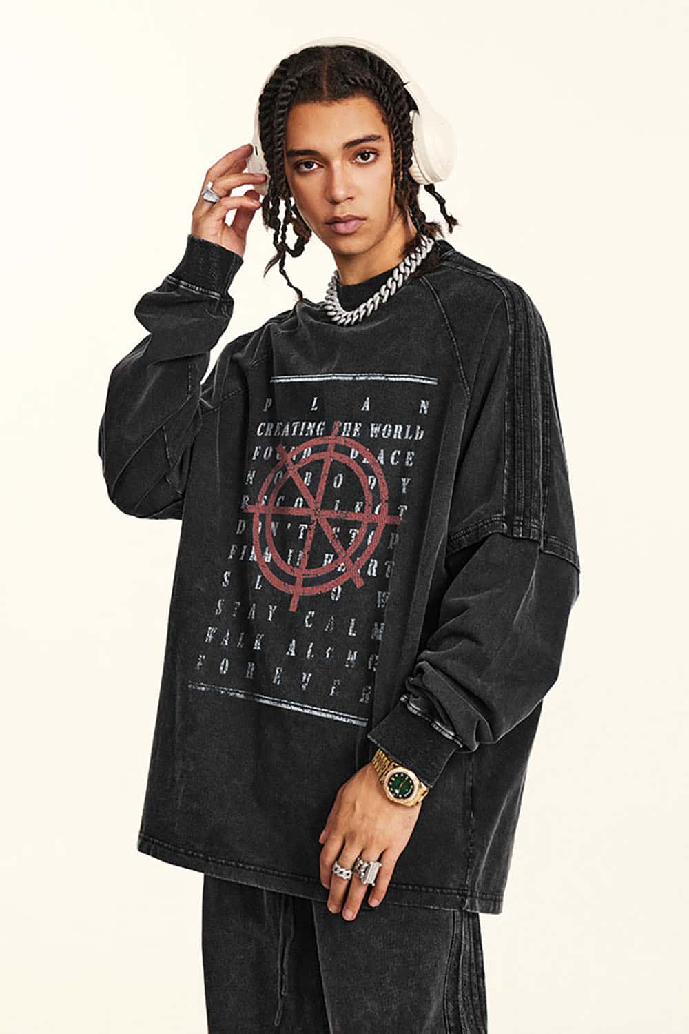 Vintage Street Hip-Hop Contrast Print Loose Long Sleeve T-Shirt