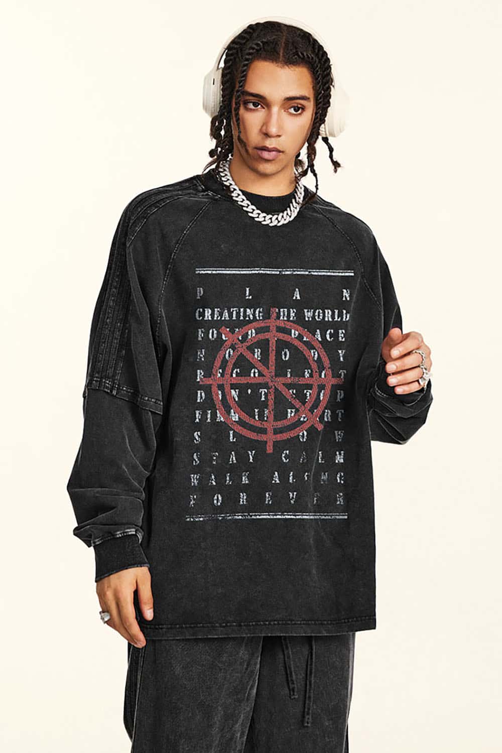 Vintage Street Hip-Hop Contrast Print Loose Long Sleeve T-Shirt