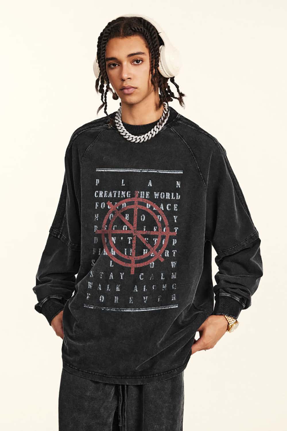Vintage Street Hip-Hop Contrast Print Loose Long Sleeve T-Shirt