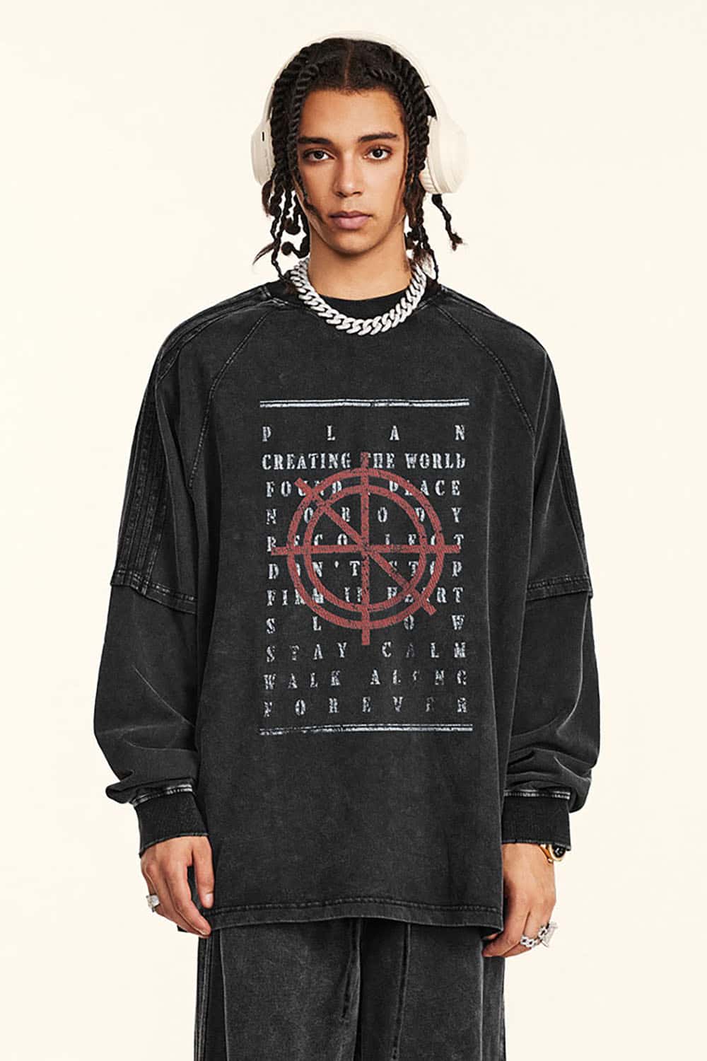 Vintage Street Hip-Hop Contrast Print Loose Long Sleeve T-Shirt