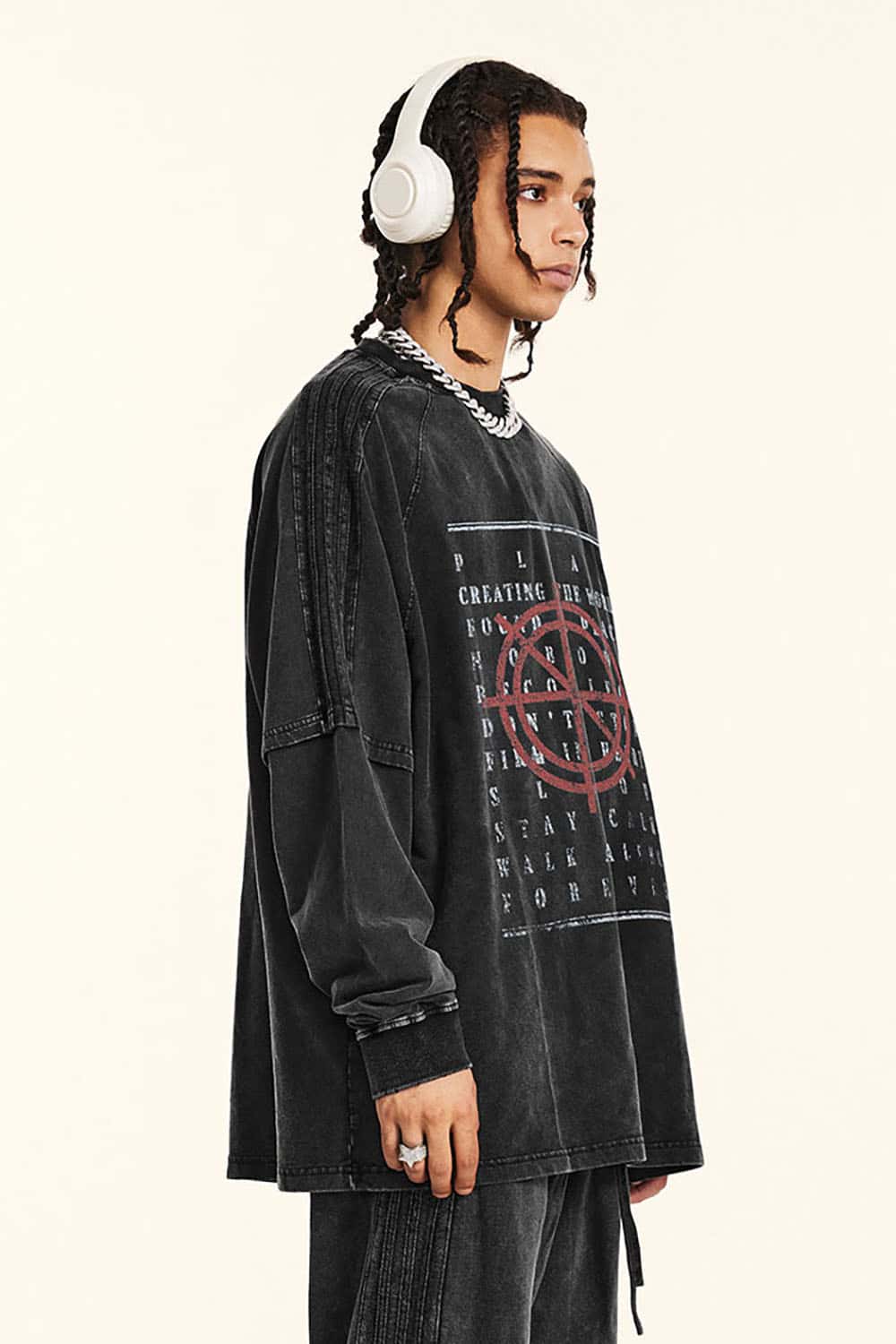 Vintage Street Hip-Hop Contrast Print Loose Long Sleeve T-Shirt