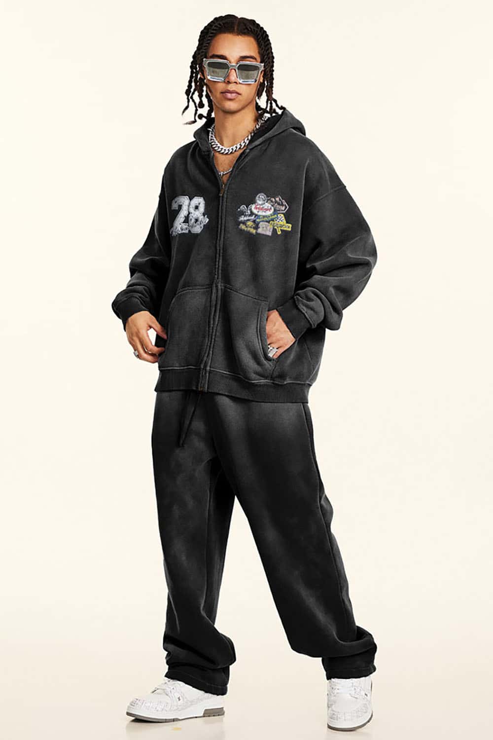 Heavyweight Fleece-Lined Zip-Up Hoodie Jacket with Embroidered Patches
