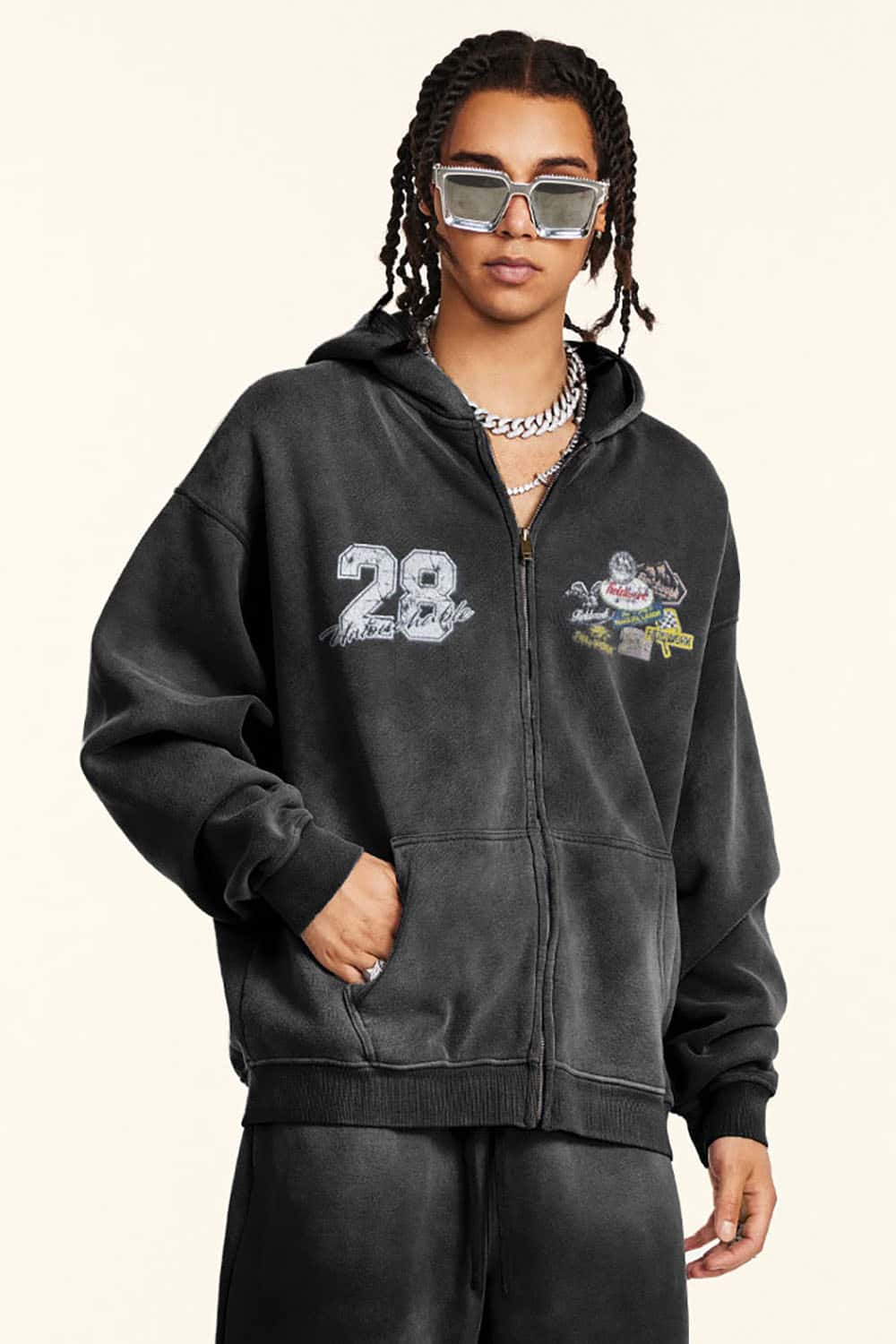Heavyweight Fleece-Lined Zip-Up Hoodie Jacket with Embroidered Patches