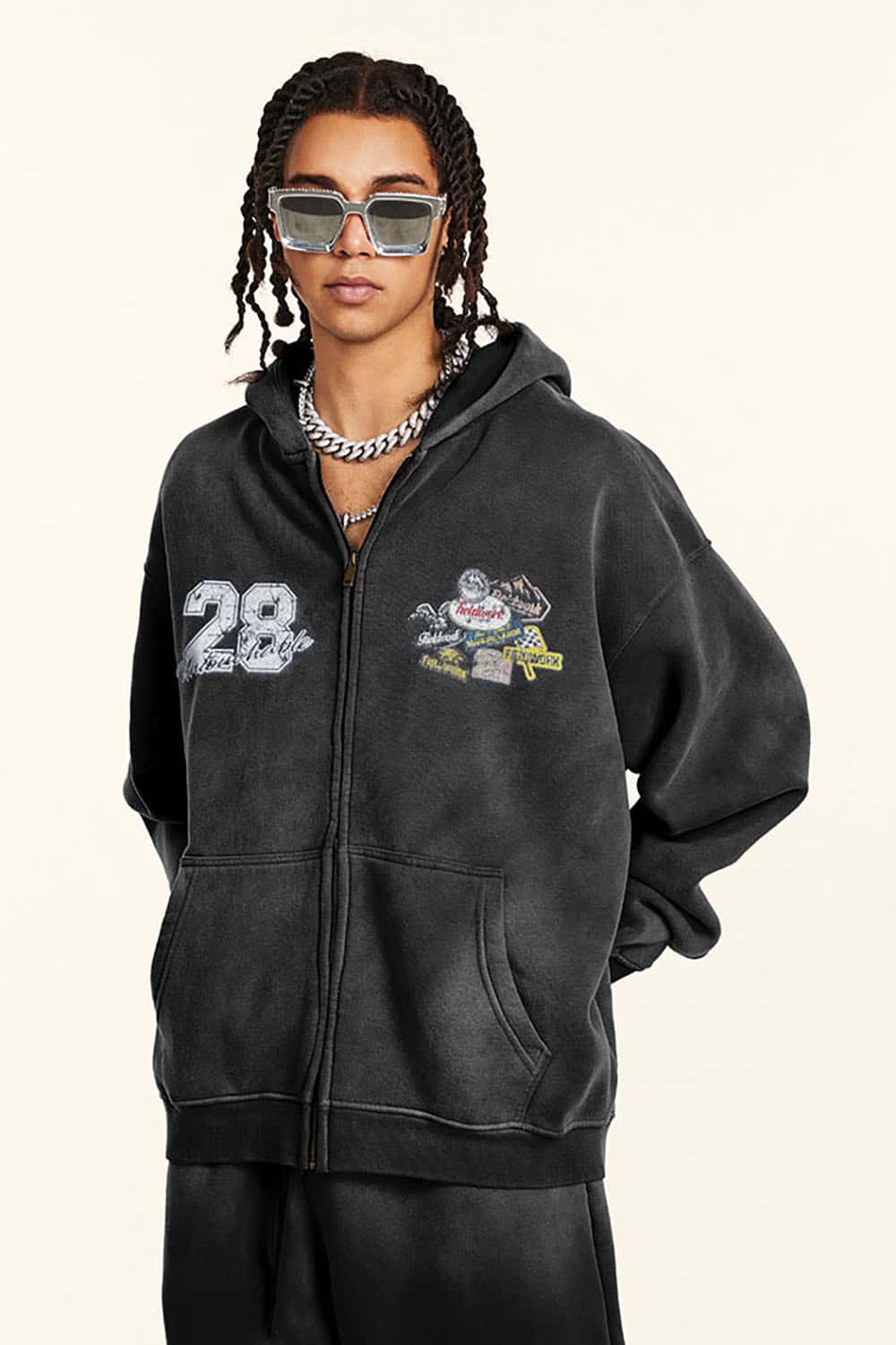 Heavyweight Fleece-Lined Zip-Up Hoodie Jacket with Embroidered Patches
