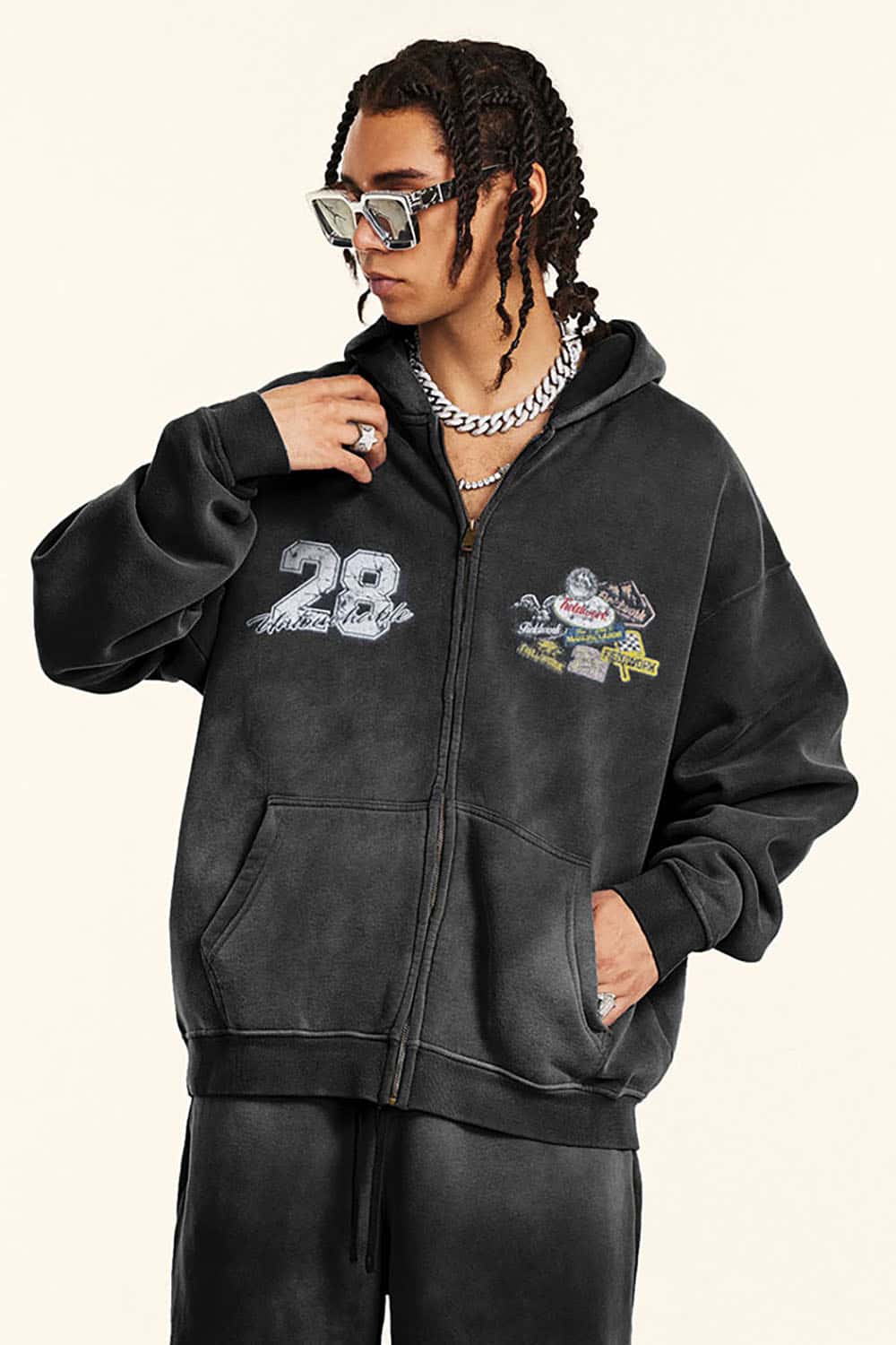 Heavyweight Fleece-Lined Zip-Up Hoodie Jacket with Embroidered Patches