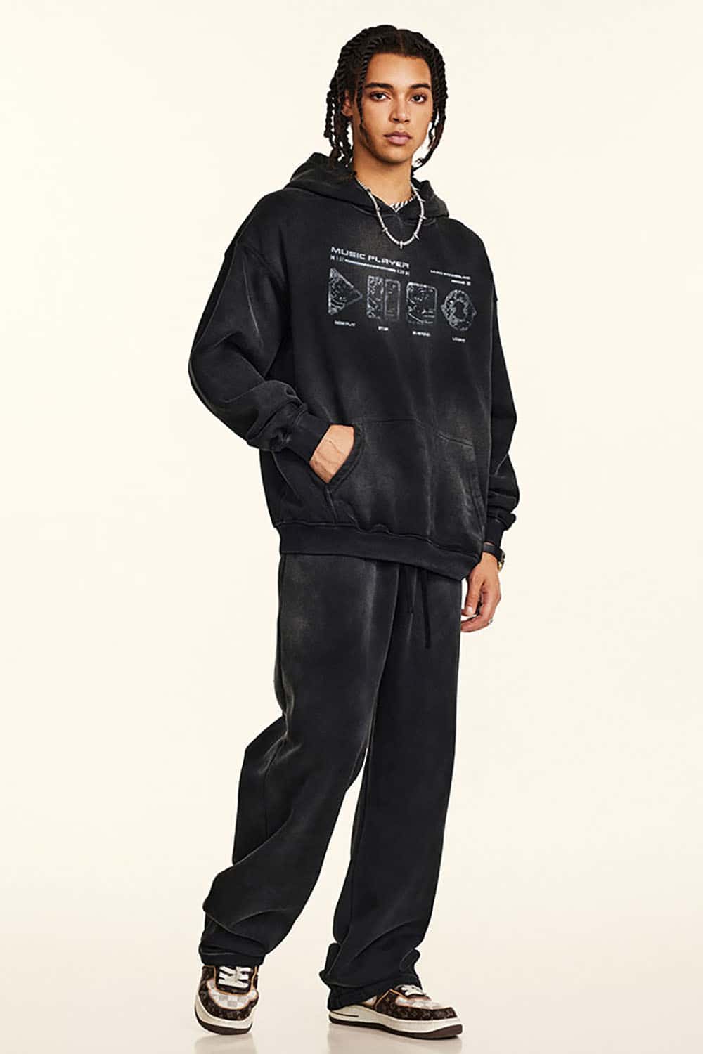 Vintage Wash Distressed Print Hoodie with Heavyweight Fabric