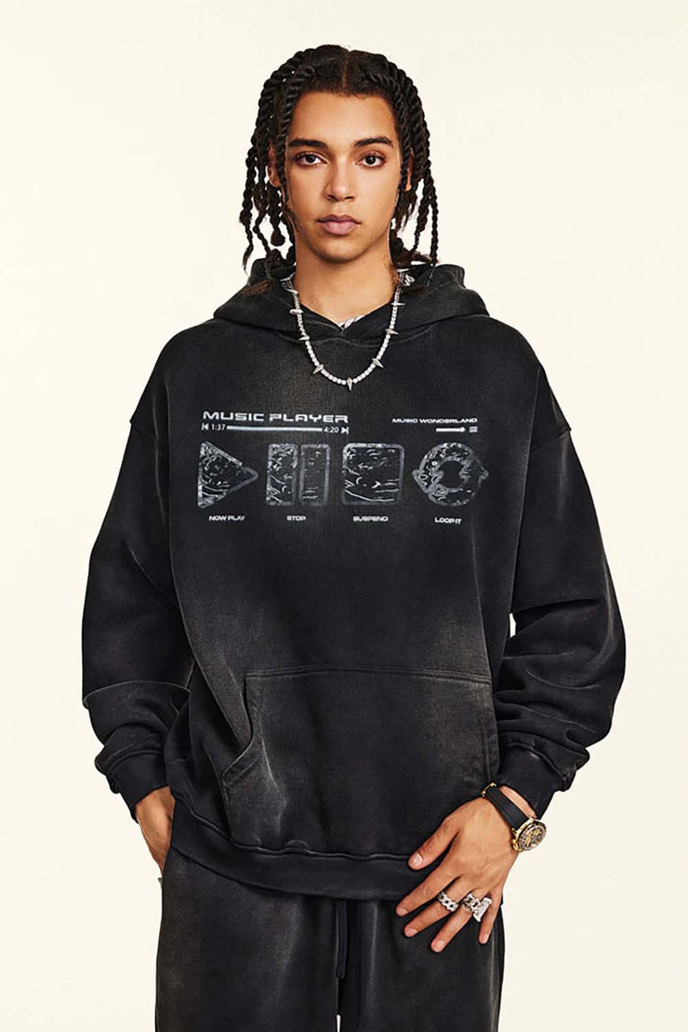 Vintage Wash Distressed Print Hoodie with Heavyweight Fabric