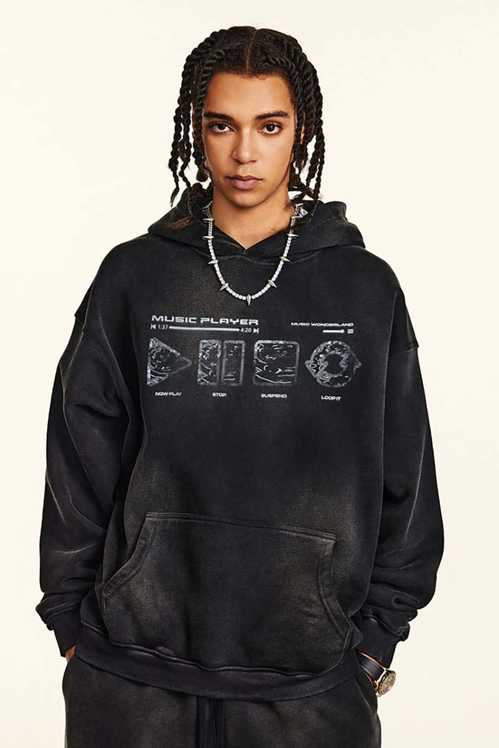 Vintage Wash Distressed Print Hoodie with Heavyweight Fabric