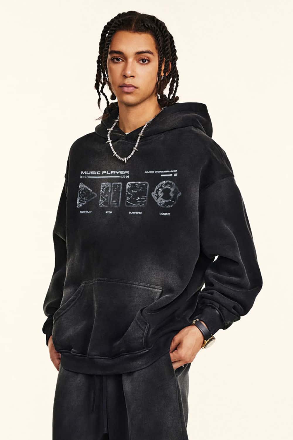 Vintage Wash Distressed Print Hoodie with Heavyweight Fabric