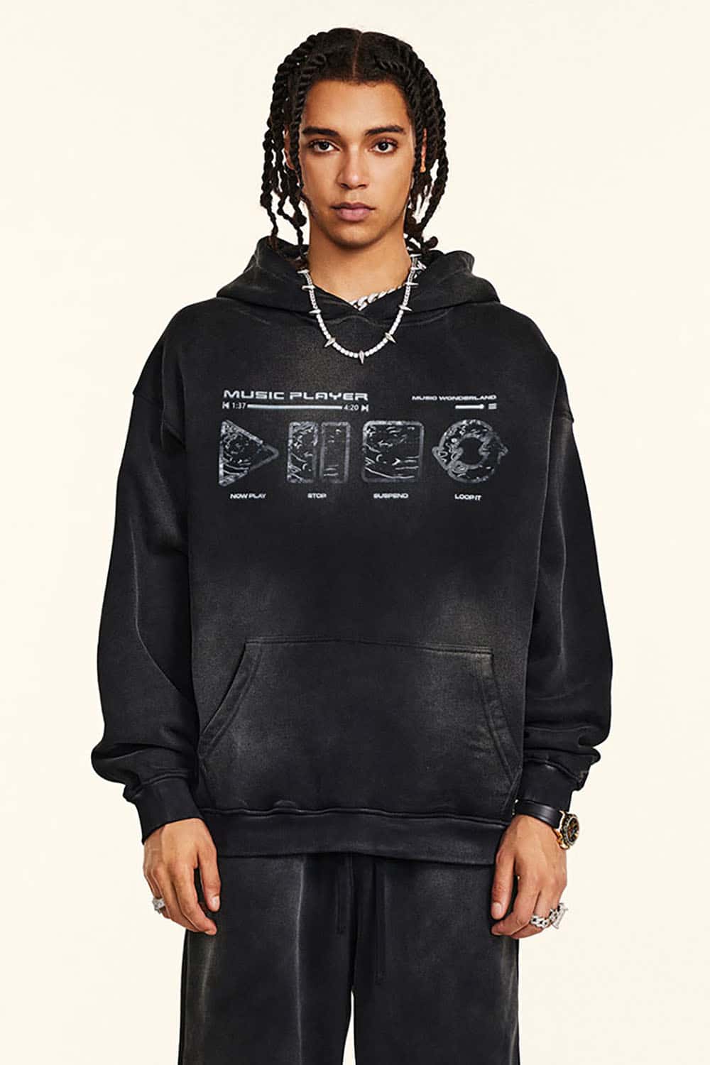 Vintage Wash Distressed Print Hoodie with Heavyweight Fabric