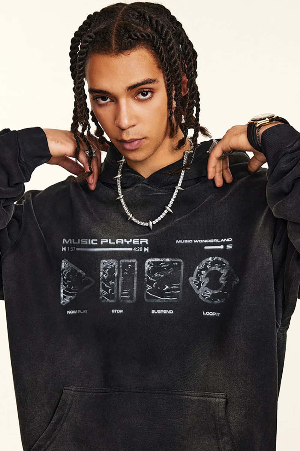 Vintage Wash Distressed Print Hoodie with Heavyweight Fabric