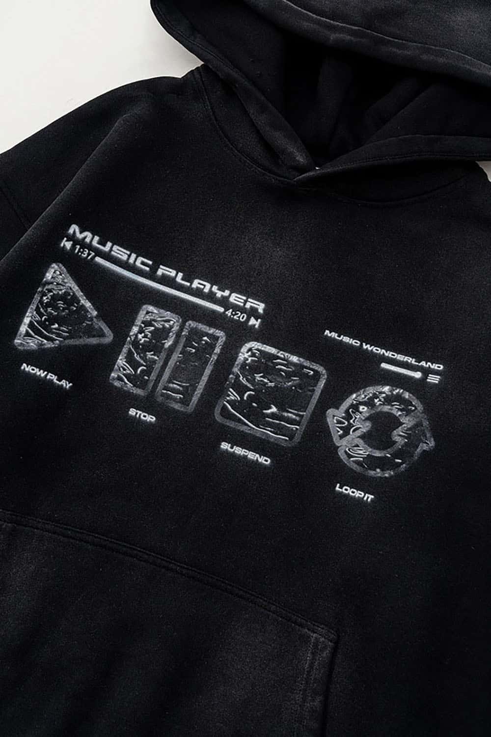 Vintage Wash Distressed Print Hoodie with Heavyweight Fabric