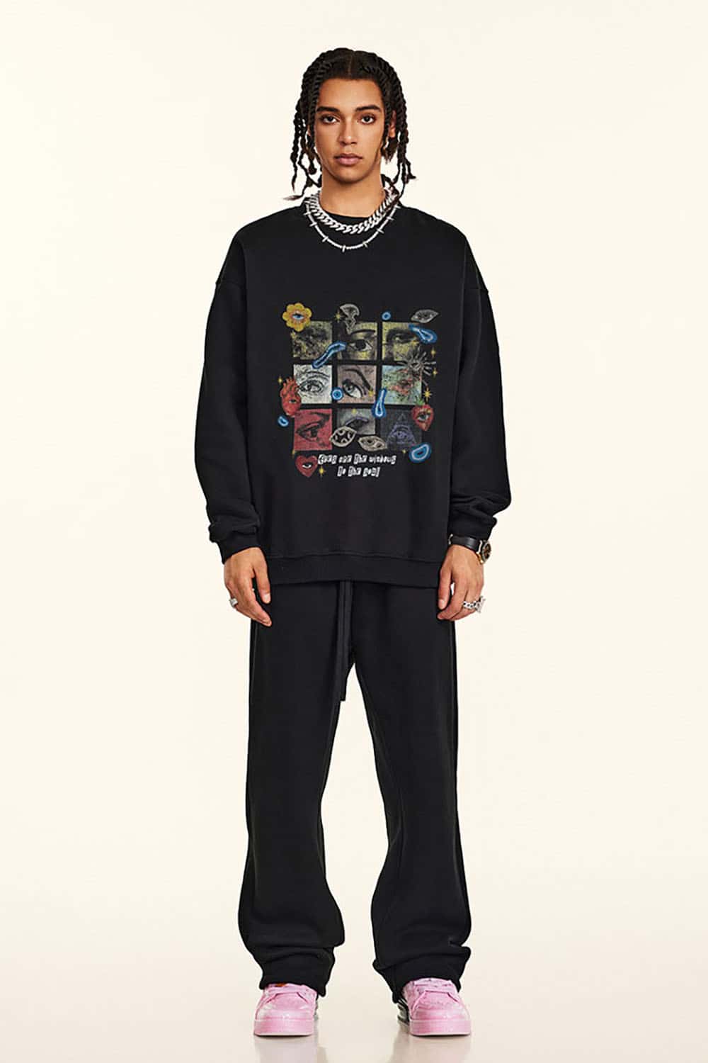 Vintage Rainbow Grid Plush-Lined Sweatshirt