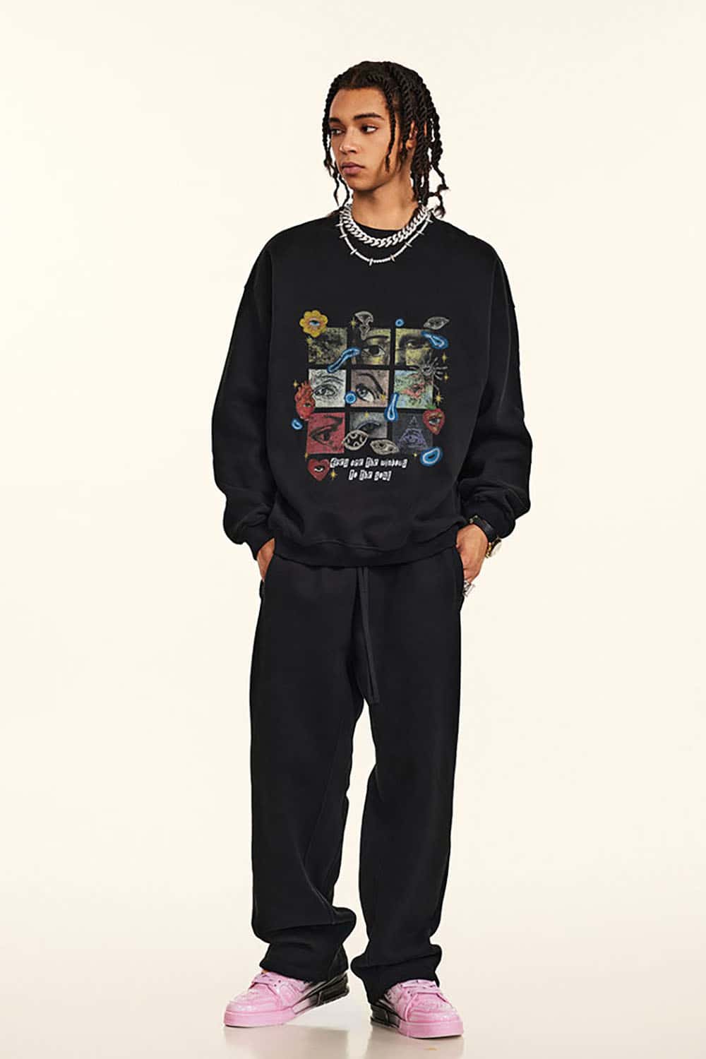 Vintage Rainbow Grid Plush-Lined Sweatshirt