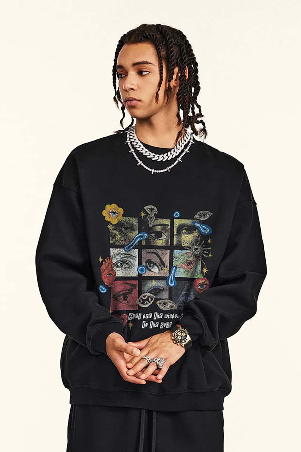 Vintage Rainbow Grid Plush-Lined Sweatshirt