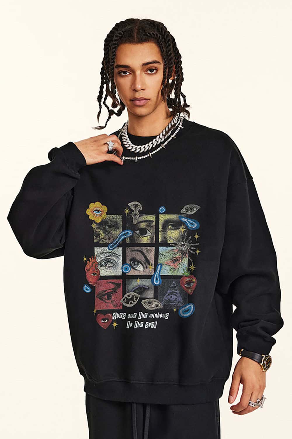 Vintage Rainbow Grid Plush-Lined Sweatshirt