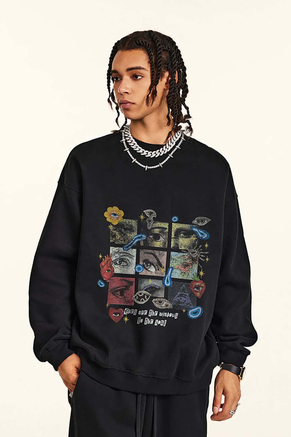 Vintage Rainbow Grid Plush-Lined Sweatshirt