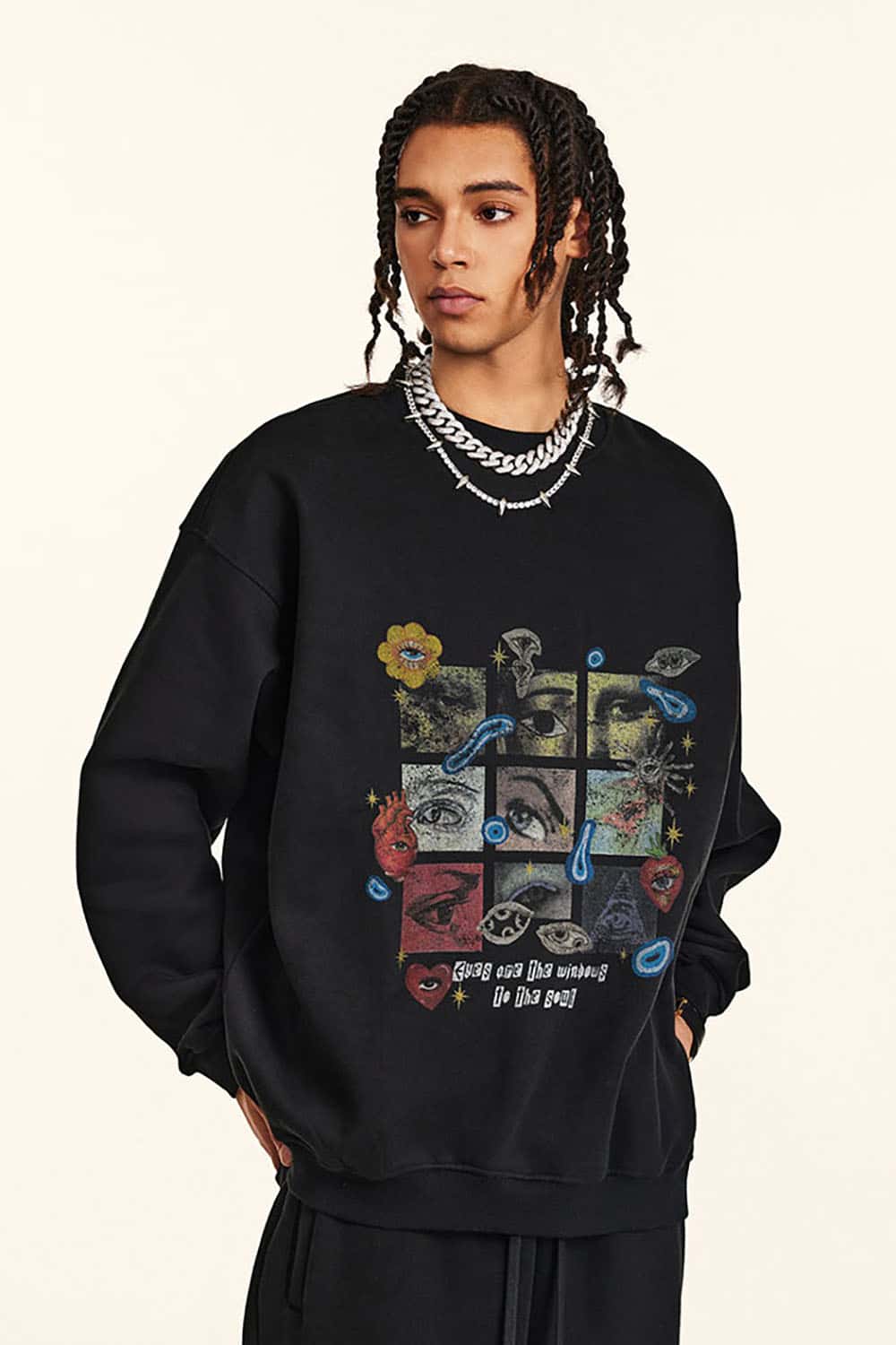 Vintage Rainbow Grid Plush-Lined Sweatshirt