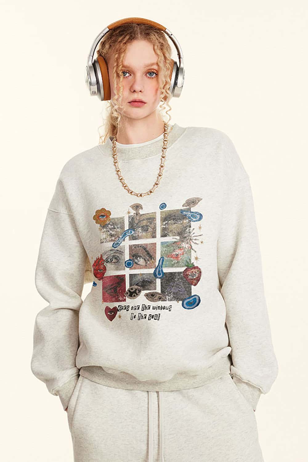 Vintage Rainbow Grid Plush-Lined Sweatshirt