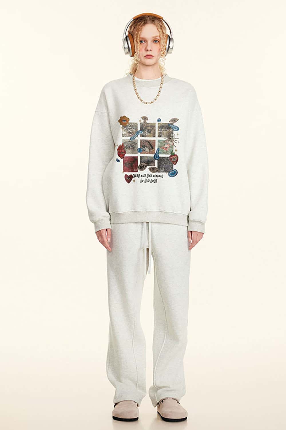 Vintage Rainbow Grid Plush-Lined Sweatshirt