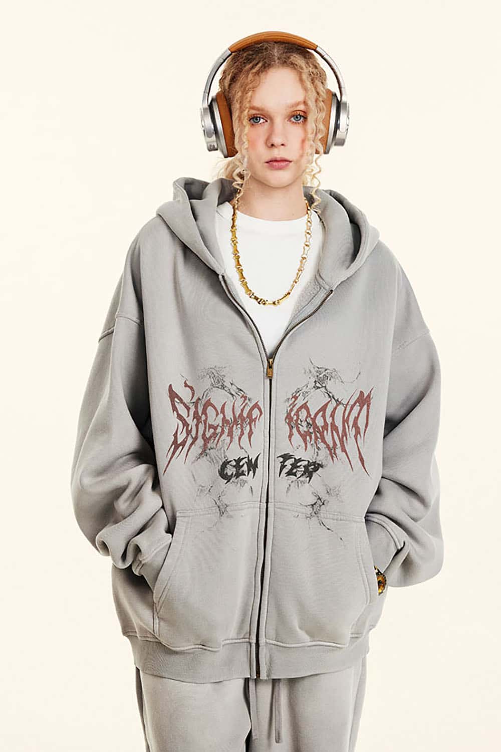 Gothic Style Zip-Up Hoodie Oversize Cardigan Jacket