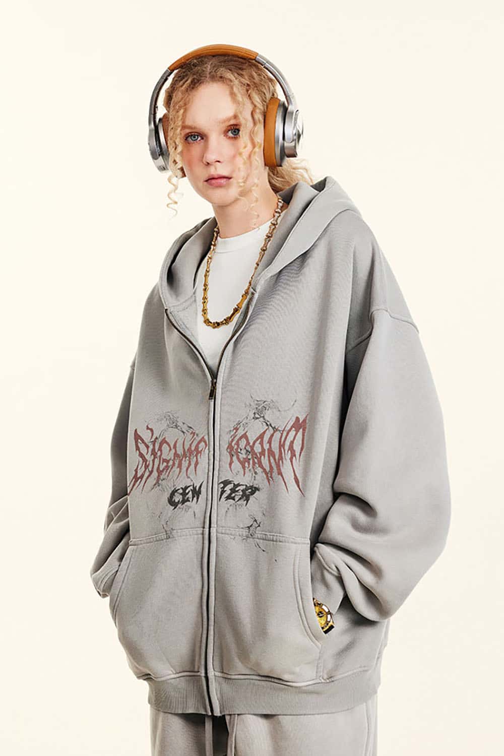 Gothic Style Zip-Up Hoodie Oversize Cardigan Jacket