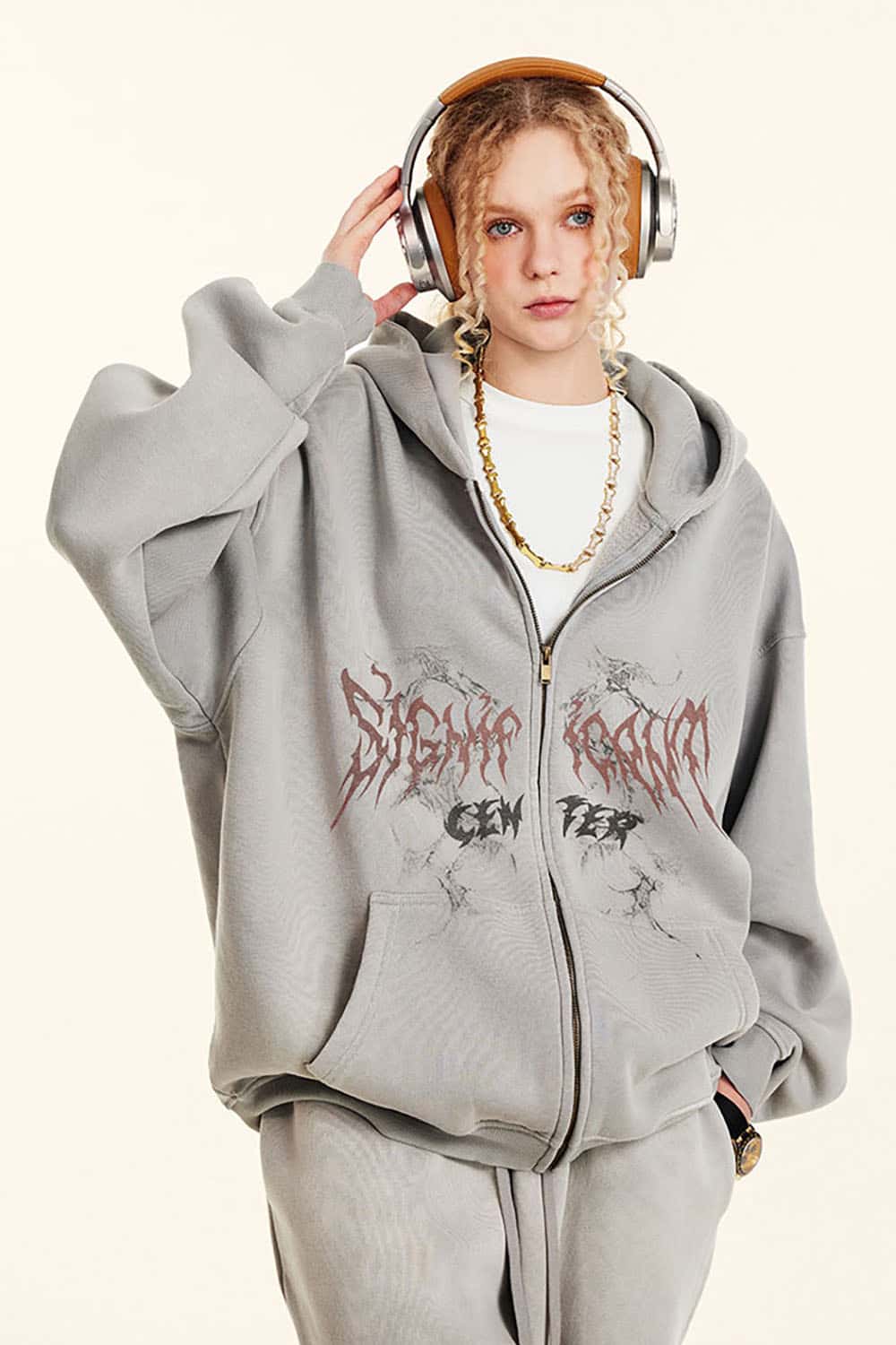 Gothic Style Zip-Up Hoodie Oversize Cardigan Jacket