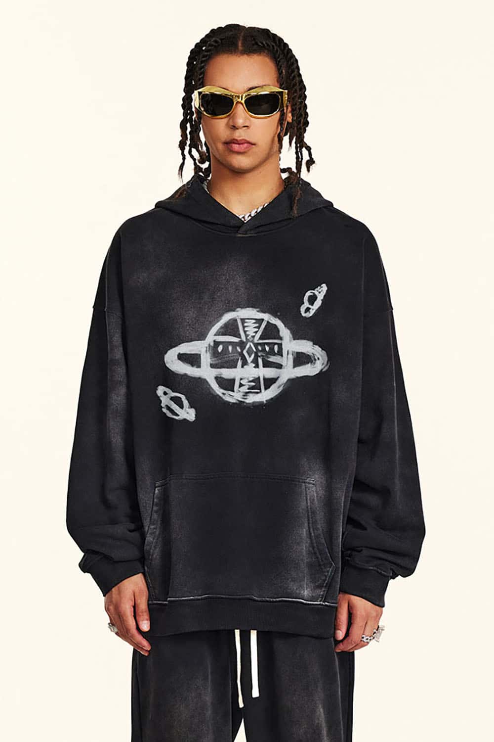 Distressed Saturn Graphic Hooded Sweatshirt