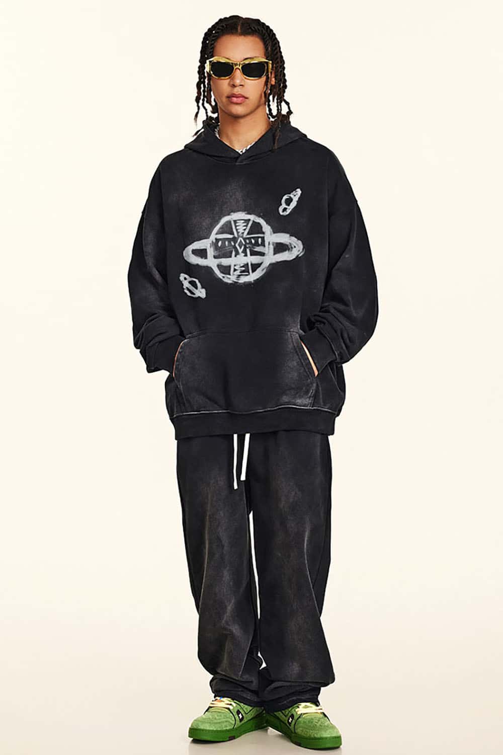 Distressed Saturn Graphic Hooded Sweatshirt