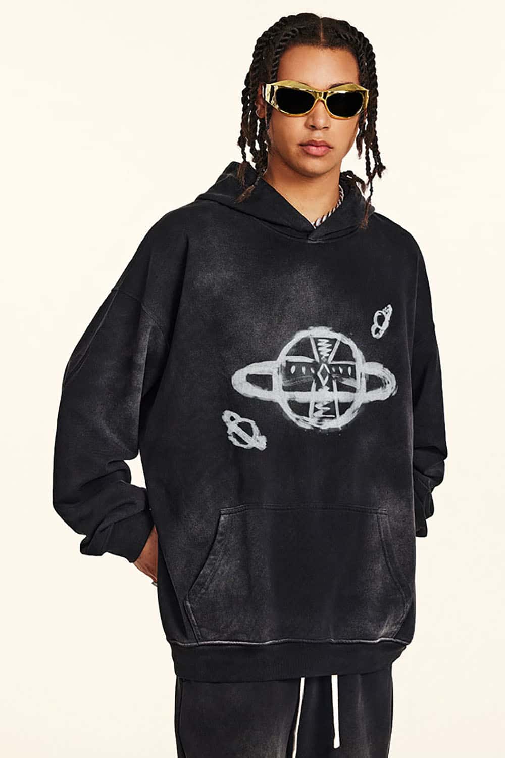 Distressed Saturn Graphic Hooded Sweatshirt