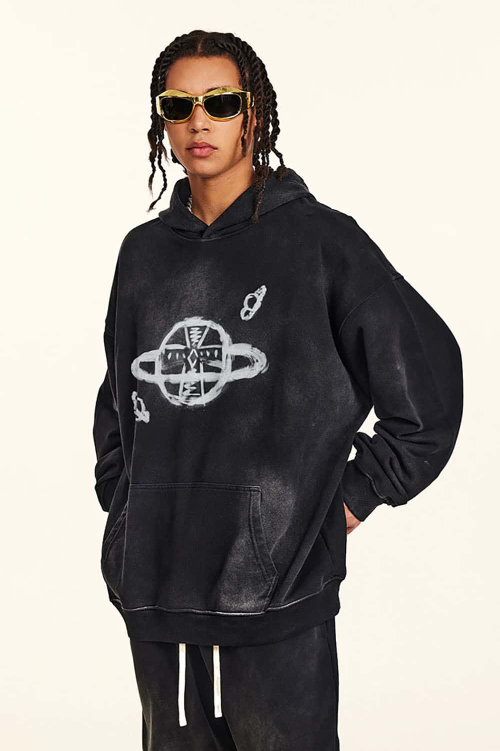 Distressed Saturn Graphic Hooded Sweatshirt