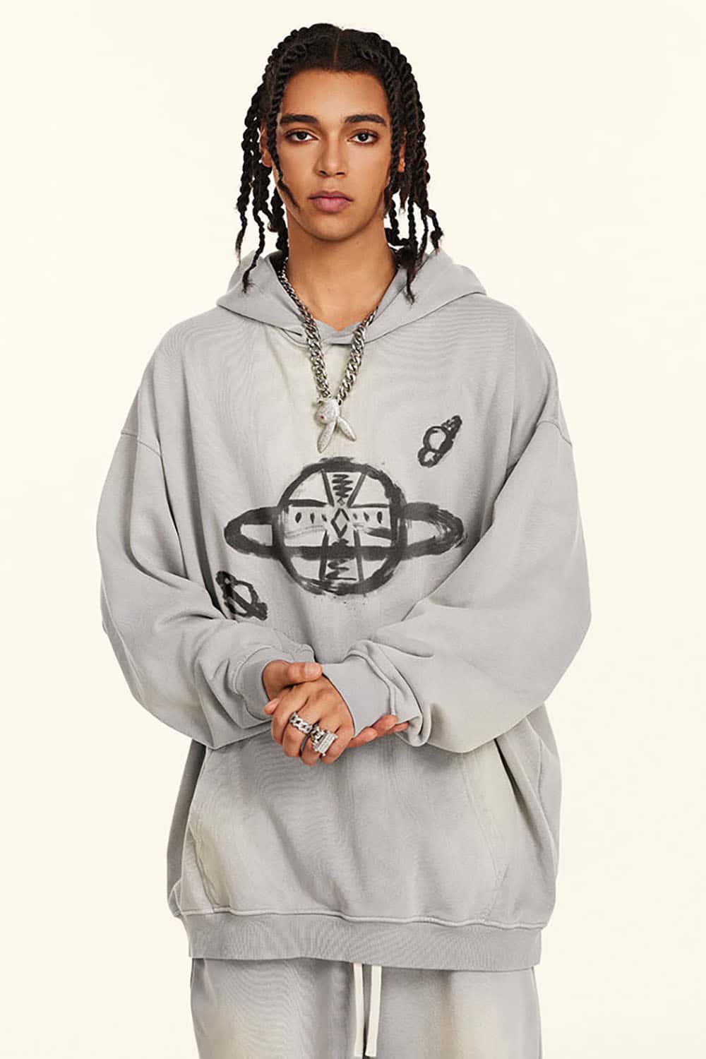 Distressed Saturn Graphic Hooded Sweatshirt