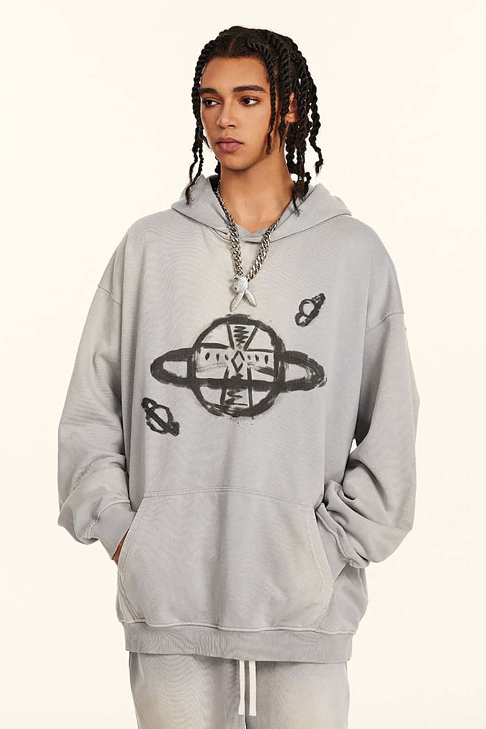 Distressed Saturn Graphic Hooded Sweatshirt