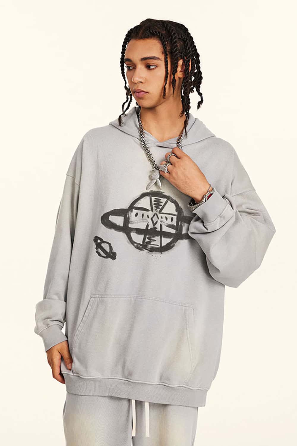Distressed Saturn Graphic Hooded Sweatshirt