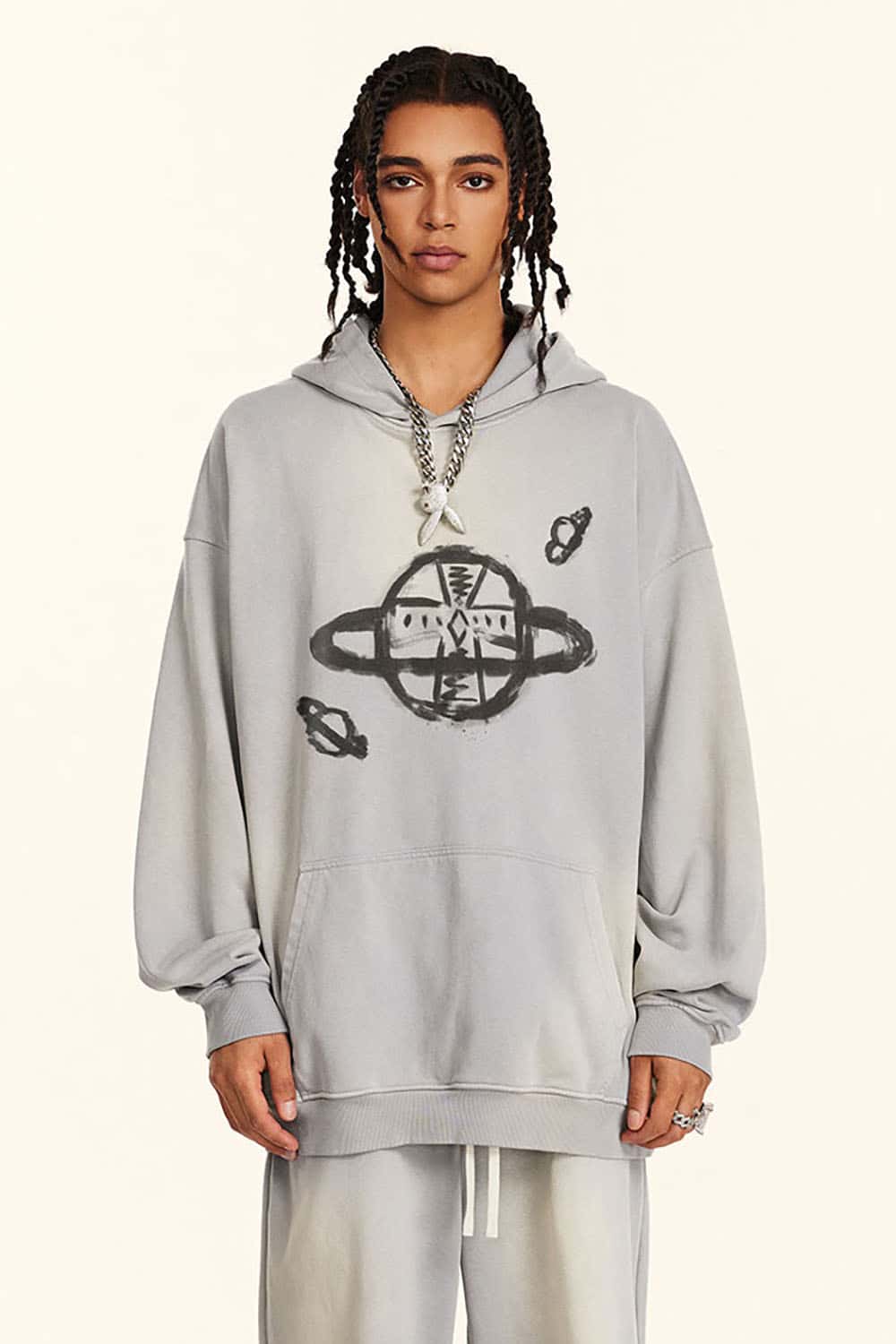 Distressed Saturn Graphic Hooded Sweatshirt