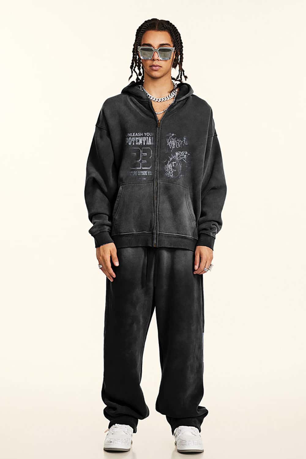 High Street Vintage Print Fleece-Lined Zip-Up Hoodie