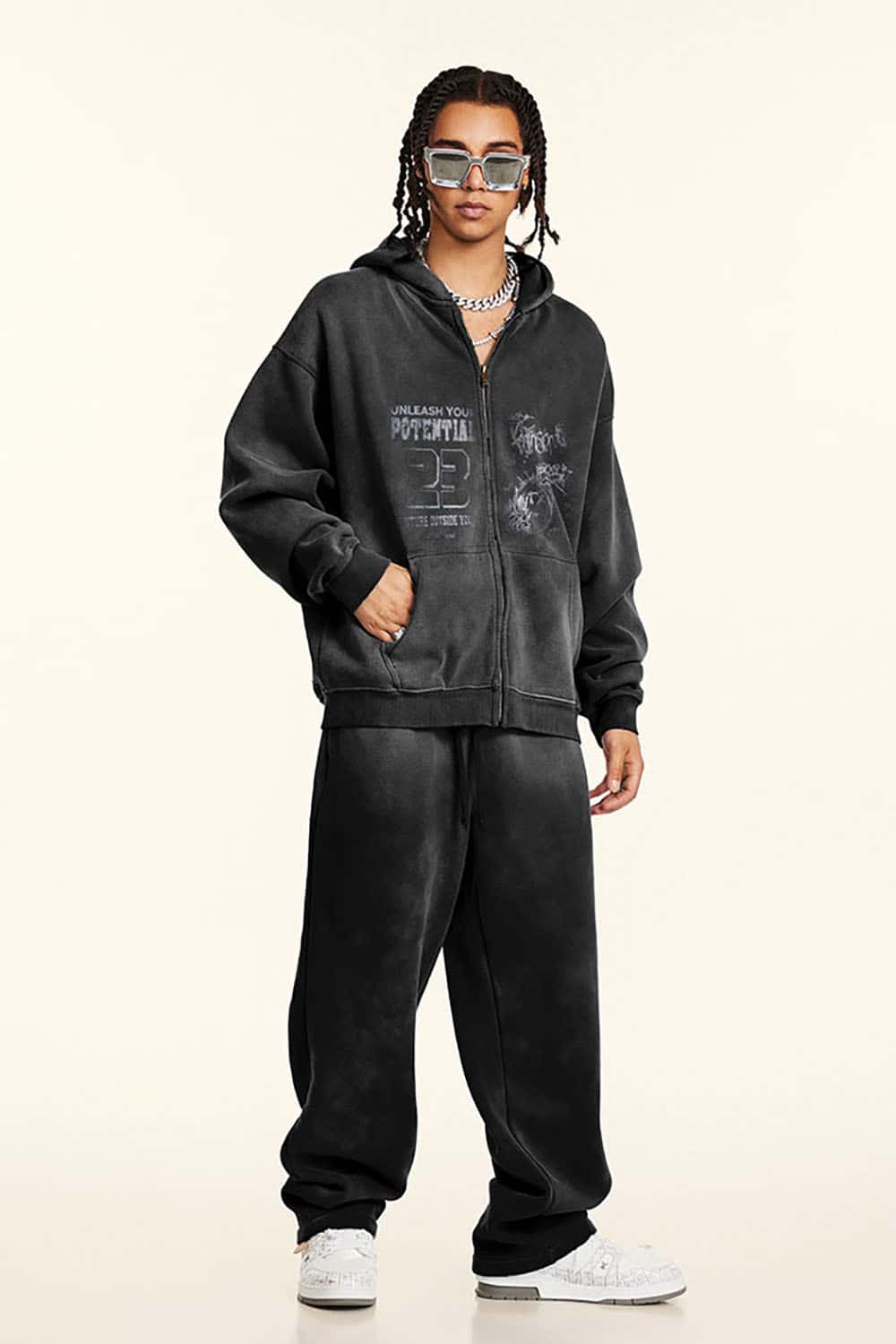 High Street Vintage Print Fleece-Lined Zip-Up Hoodie